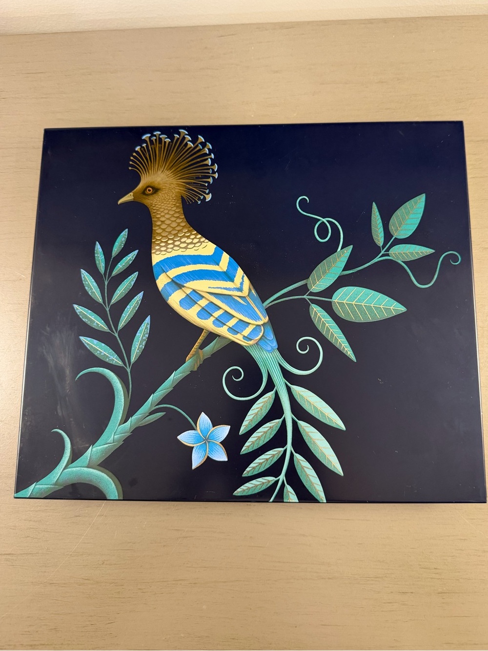 Tin Cookie Biscuit Chocolate Box Bird & Foliage Navy Blue Gold Metal Lid 12x9”